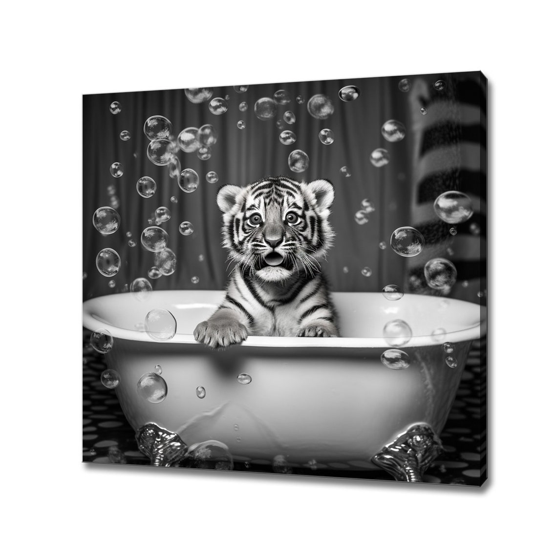 Playful Tiger Cub In A Bubble Bath Black And White Nursery Wall Art