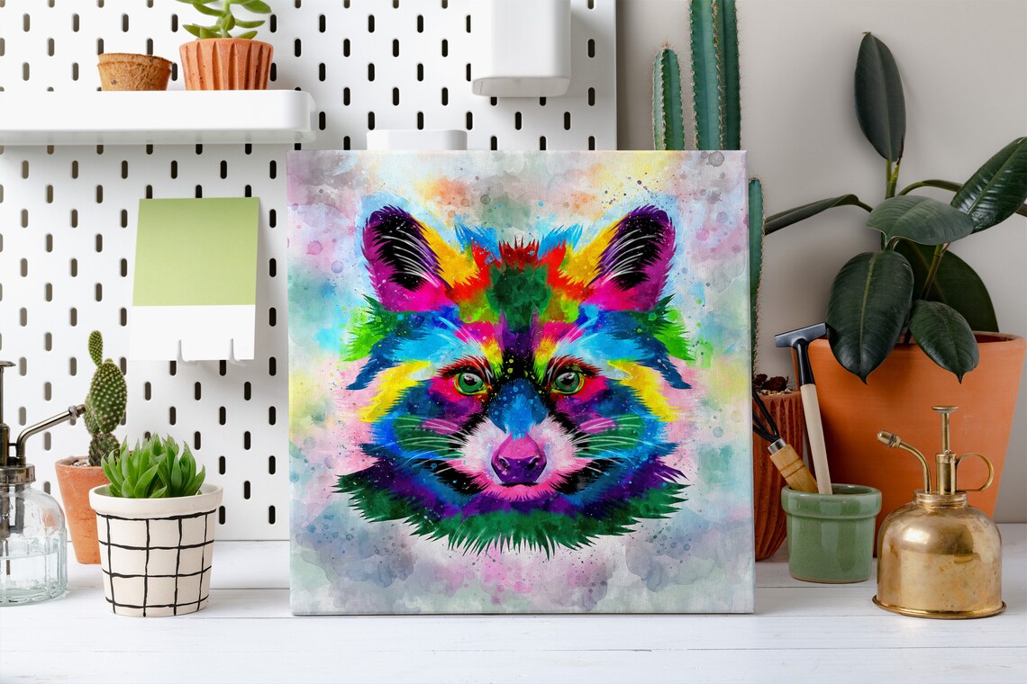 Raccoon Face Portrait Rainbow Watercolour Colourful Woodland Animal Poster - Image 2