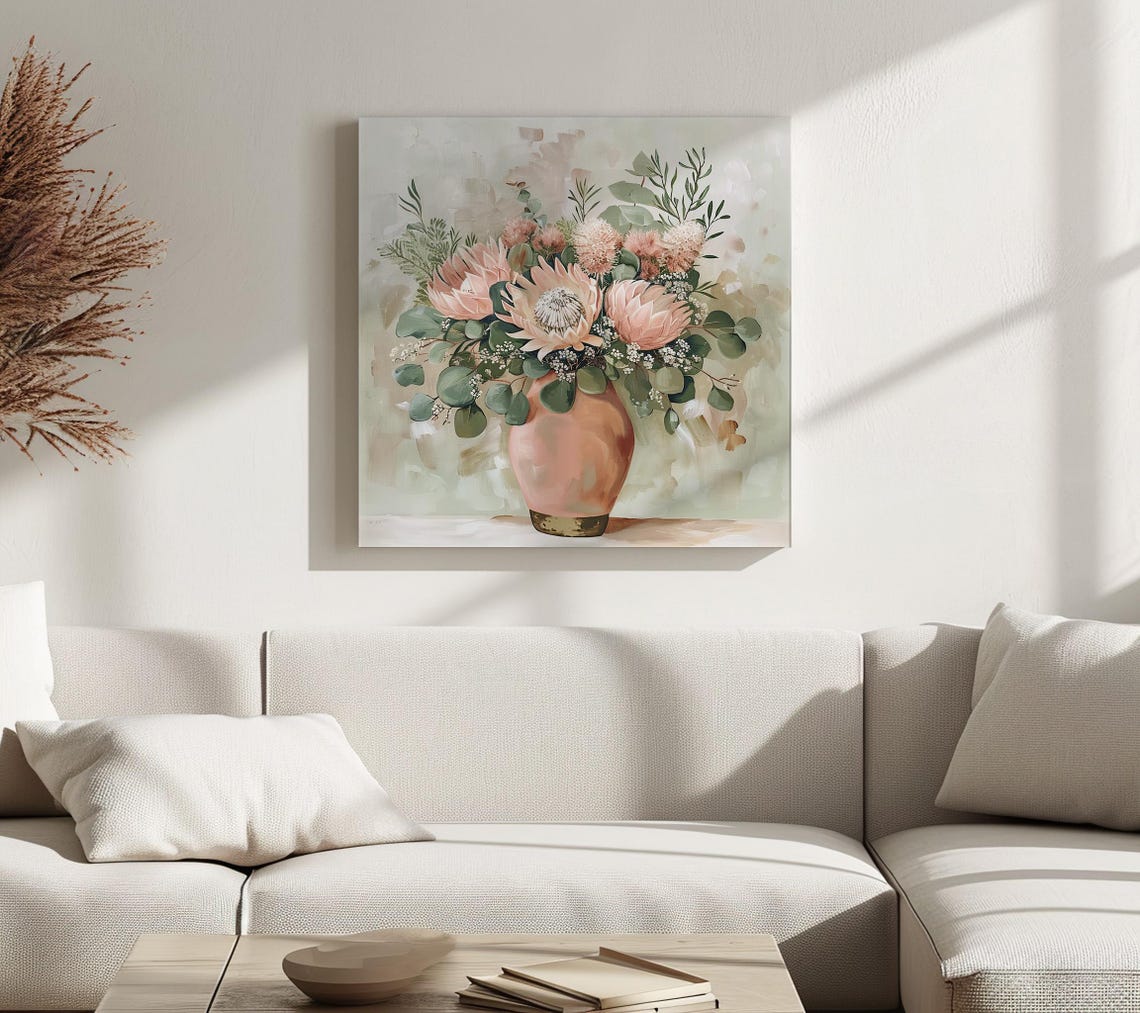 Blush Pink Protea Flowers Eucalyptus Terracotta Vase Painting Print - Image 2
