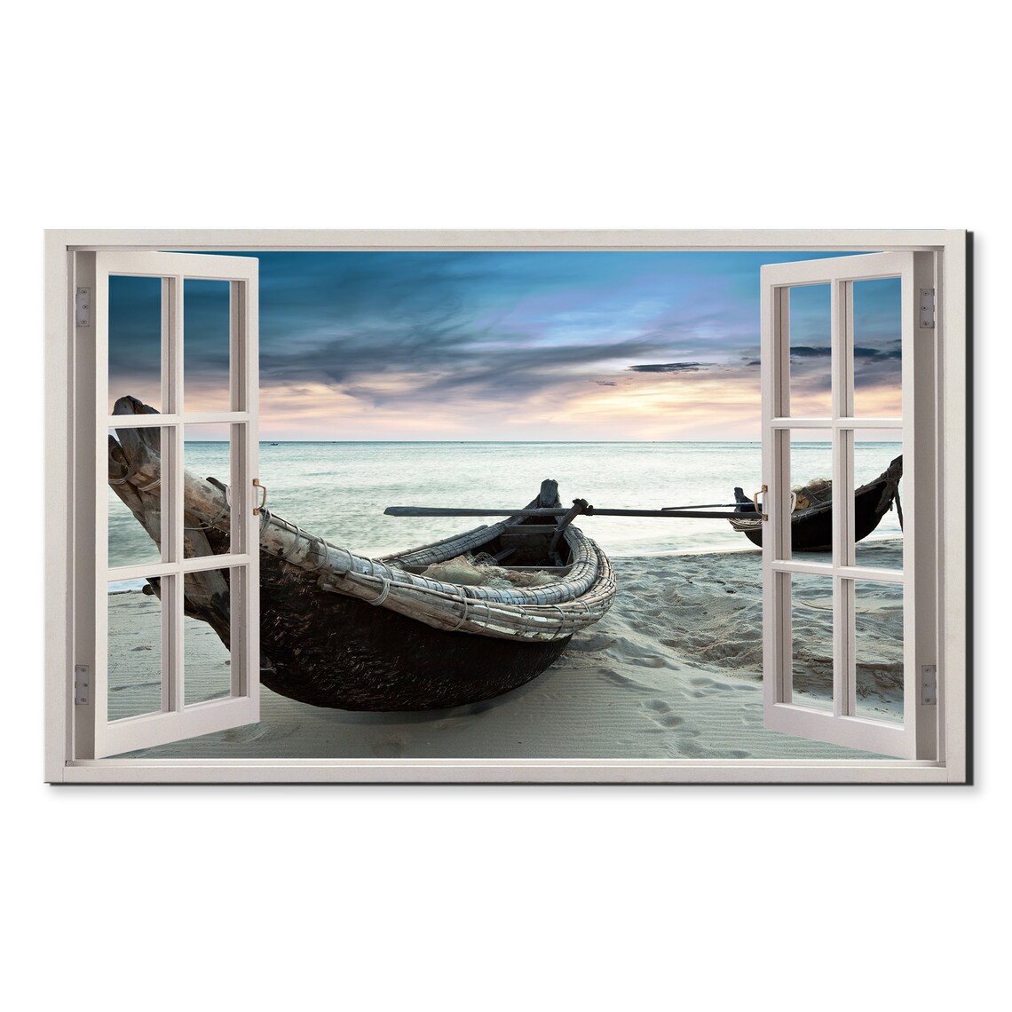 Fishing Boats Beach Sunset Open Window View Illusion Travel Poster