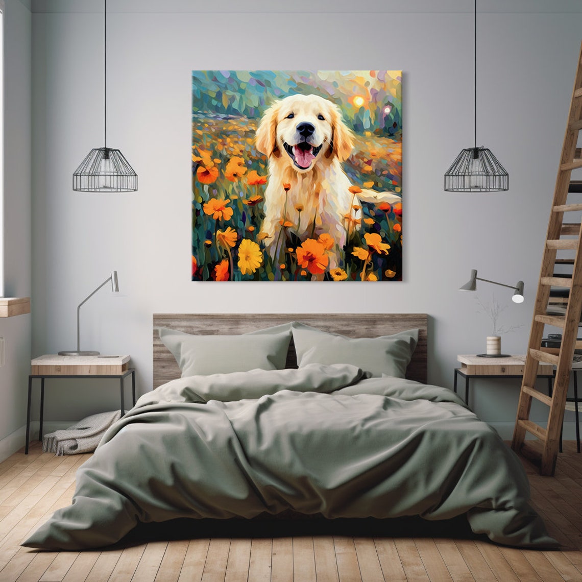 Golden Retriever Puppy In Flowers Field Print Gift For Dog Lover Colourful Dog Portrait Painting Print Dog Pet Wall Art - Image 2