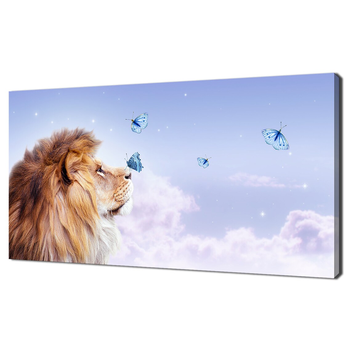 African Lion With Butterfly, Blue Modern Art Print