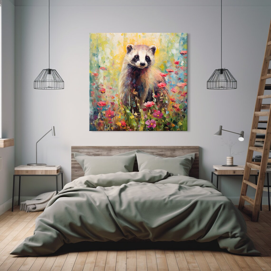 Ferret In Flowers Field Animal Print Gift For Ferret Lover Colourful Ferret Portrait Painting Print Ferret Pet Wall Art - Image 2