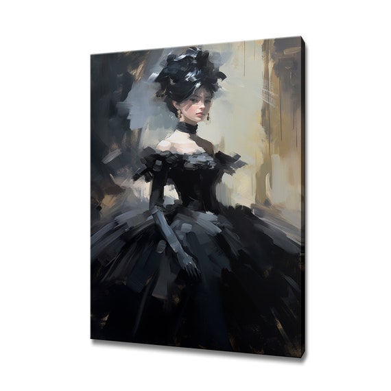 Elegant Lady In Black Baroque Victorian Puffy Dress Painting Style Print Modern Design Home Decor Fashion Wall Art Gift For Her