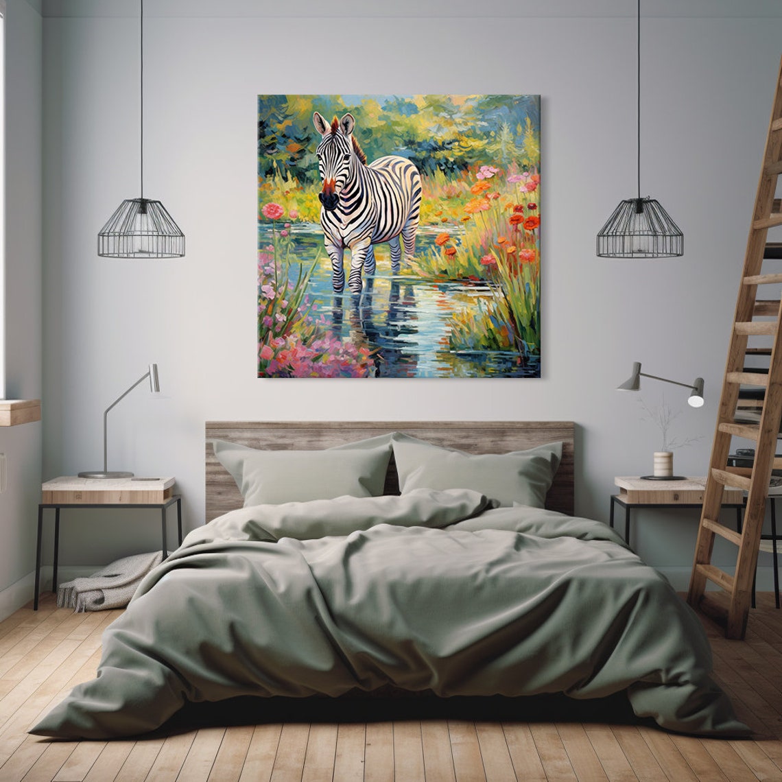 Zebra Standing By River Colorful Wildflower Impressionist Style Poster - Image 3