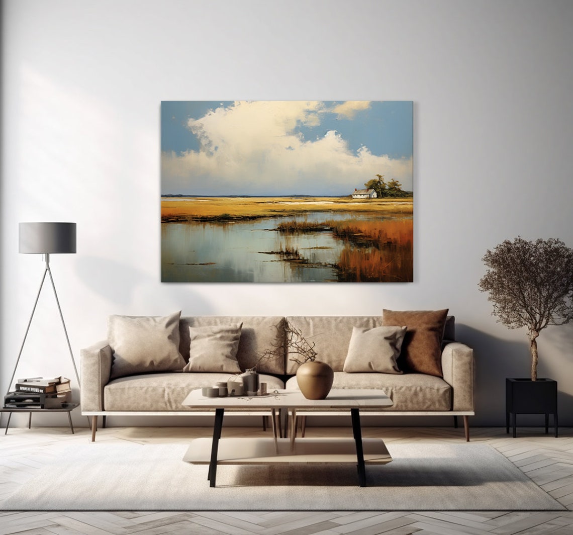 Wetland Marsh With Cottage Under Big Blue Sky Rustic Nature Poster - Image 4