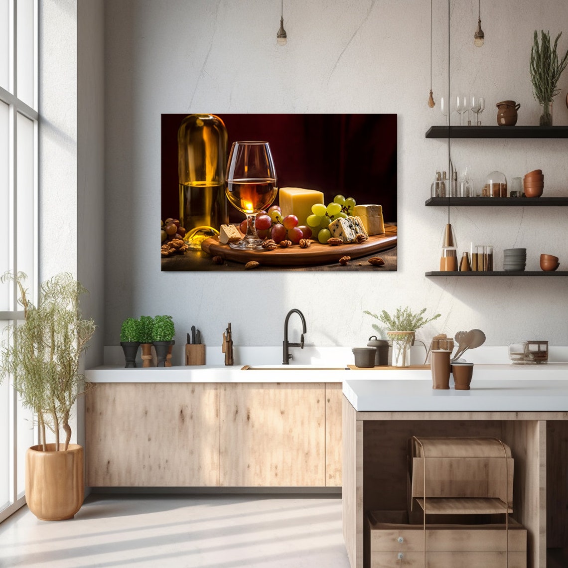 Glass Of White Wine Cheese Grapes Walnuts Rustic Still Life Art Print - Image 2