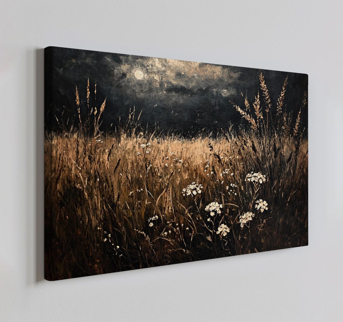 Dark Moody Meadow Wheat Grass Stormy Sky Vintage Painting Wall Poster