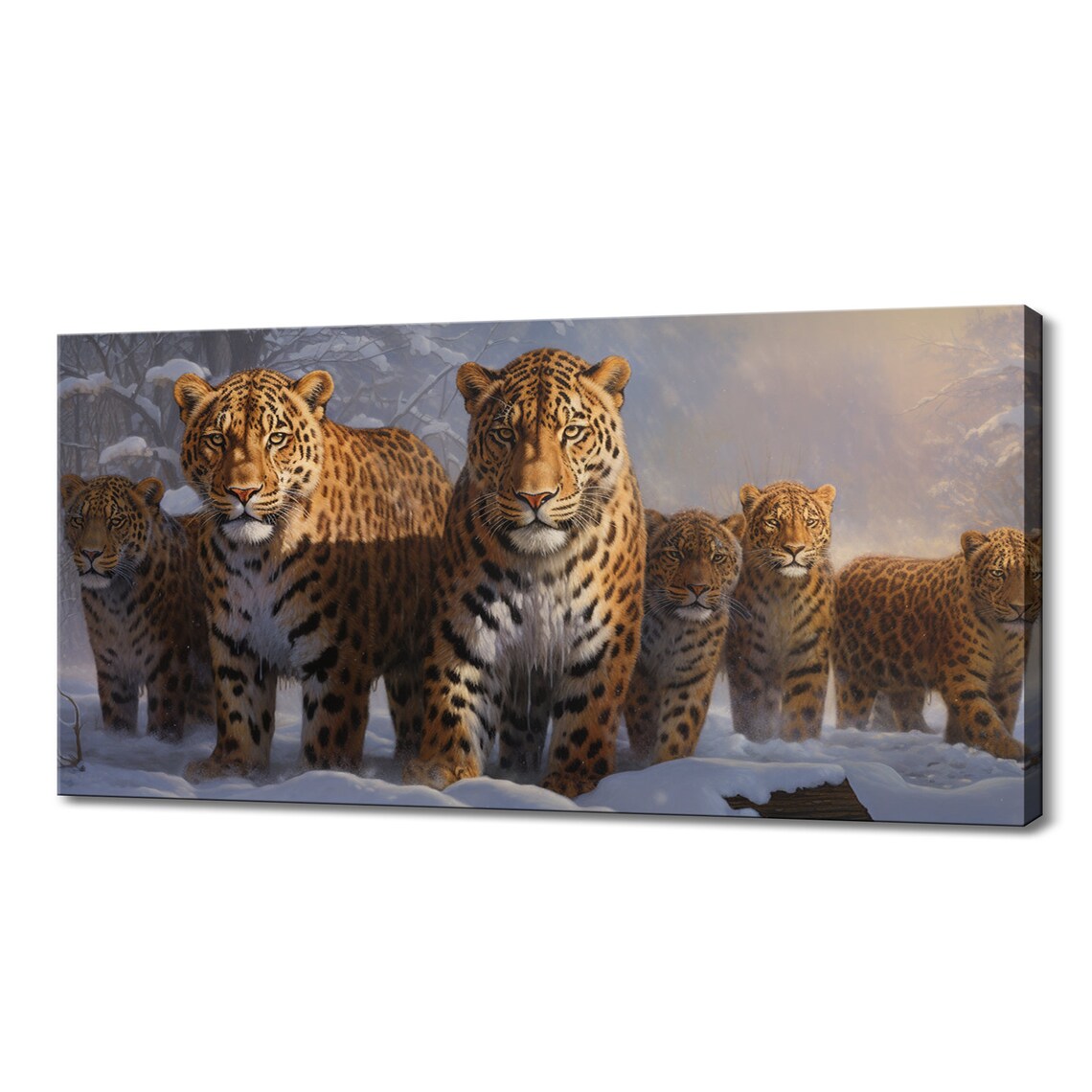 Leopard Family Standing Snow Winter Forest Painted Big Cats Wildlife Poster