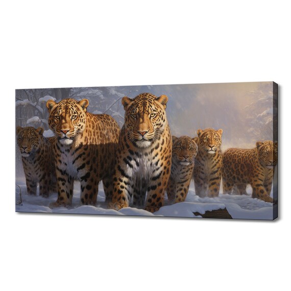Leopard Family Standing Snow Winter Forest Painted Big Cats Wildlife Poster