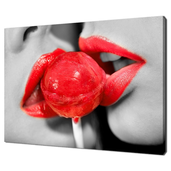 Red Lips Red Lollipop Selective Colour Black And White Photography Art Print