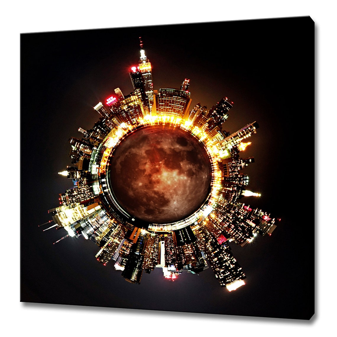 New York City Tiny Planet Night Skyline With Full Moon View Poster