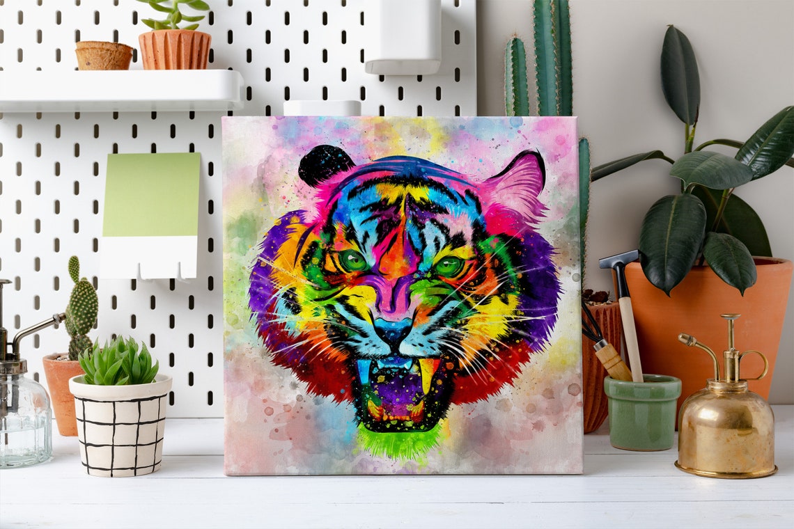 Roaring Tiger Front View Rainbow Watercolor Bared Fangs Poster - Image 2