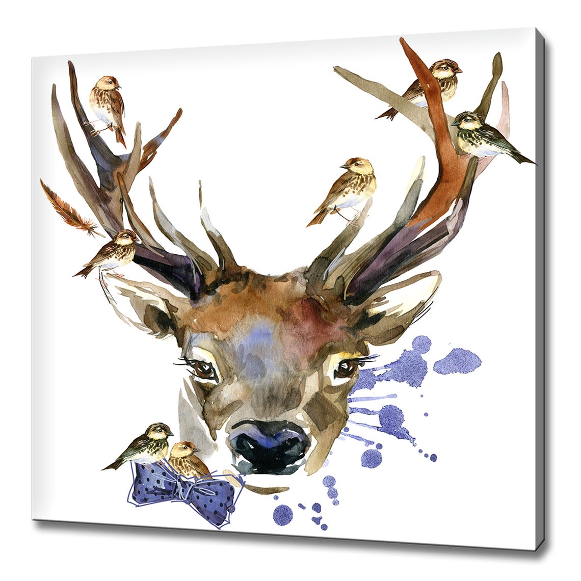 Watercolour Deer With Birds On Antlers Forest Wildlife Art Poster