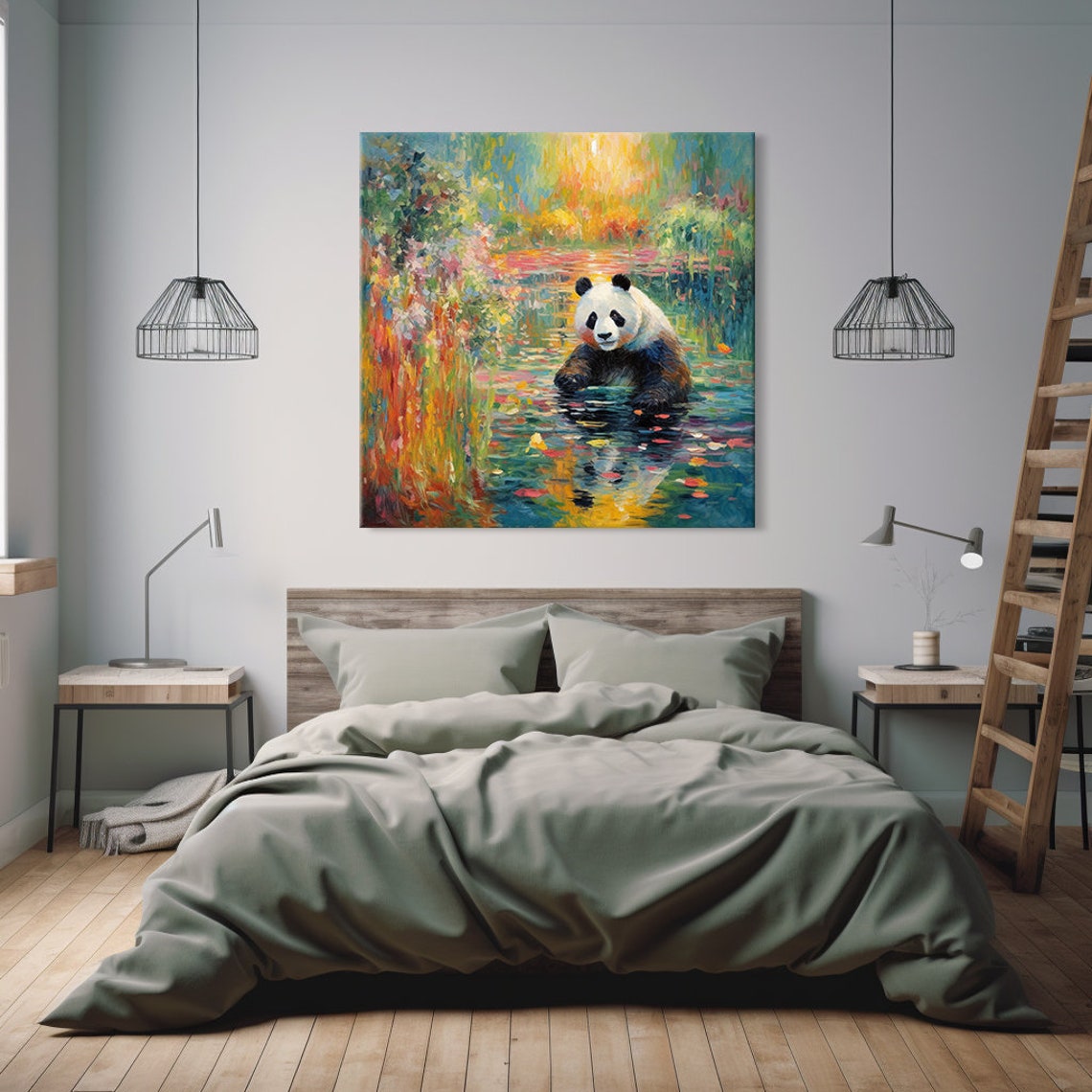 Giant Panda Bathing Among Autumn Leaves Monet Style Painting Poster - Image 3