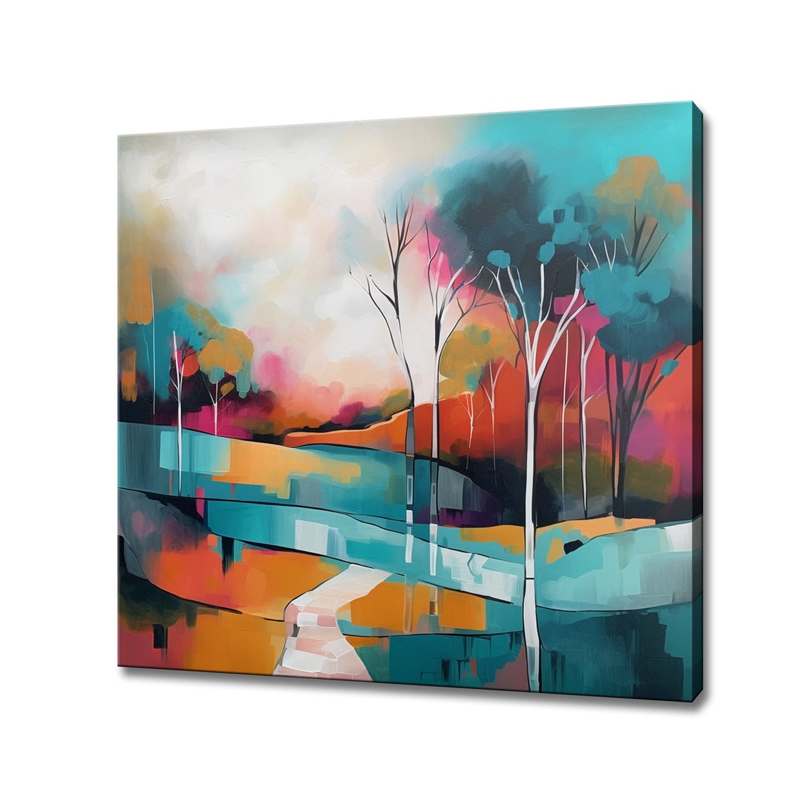 Abstract Birch Trees River Expressionist Colorful Landscape Art Print
