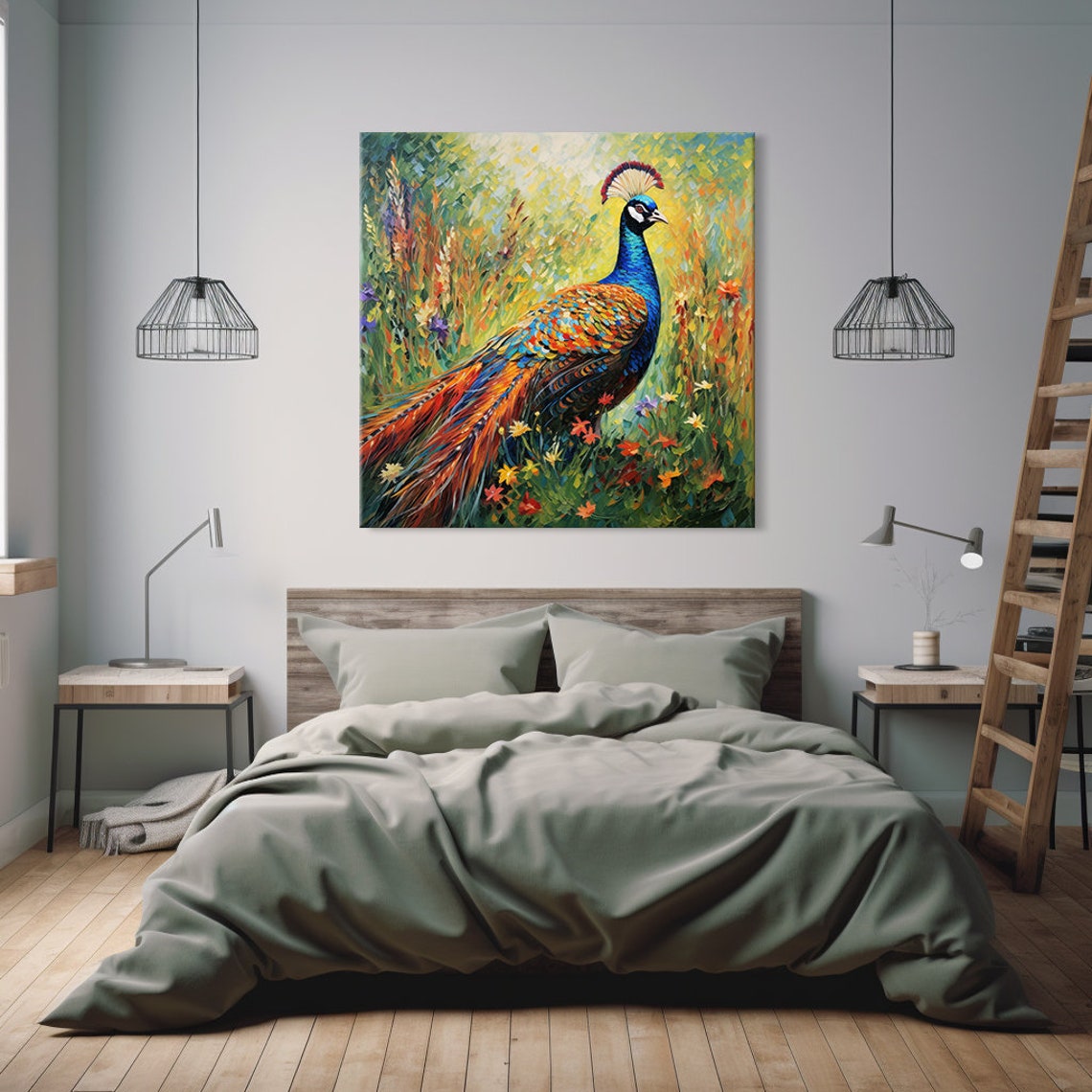Vibrant Peacock With Iridescent Tail in Wildflower Meadow Poster - Image 4