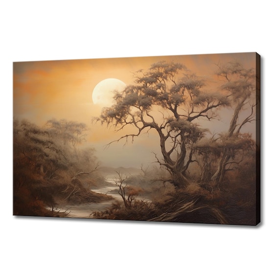 Sunset Over The River Landscape Trees Vintage Painting Style Print Farmhouse Decor Art Nature Picture Wall Hanging Fine Art Print