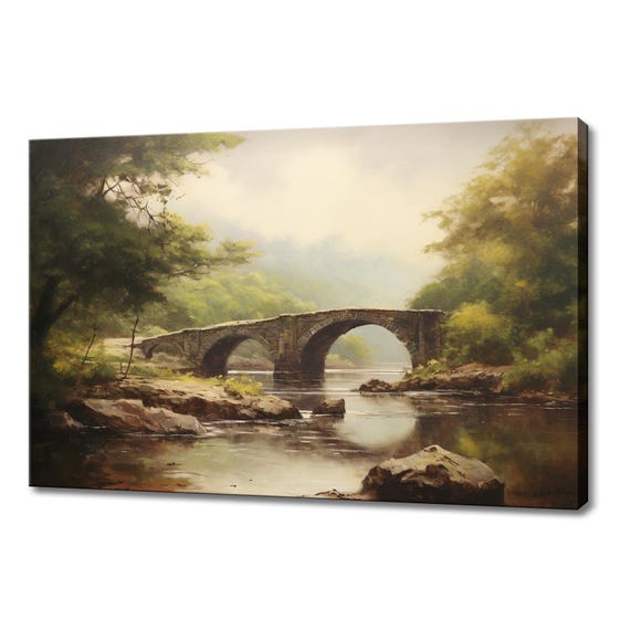 Bridge Over The River Spring Countryside Vintage Painting Style Print Farmhouse Decor Art Nature Wall Hanging Fine Art Print