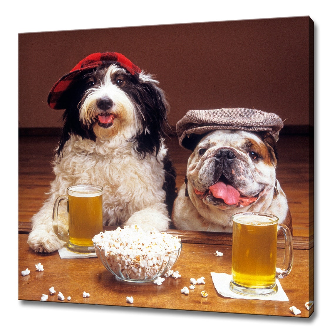 Two Dogs In Hats At Bar With Beer Popcorn Funny Photo Poster
