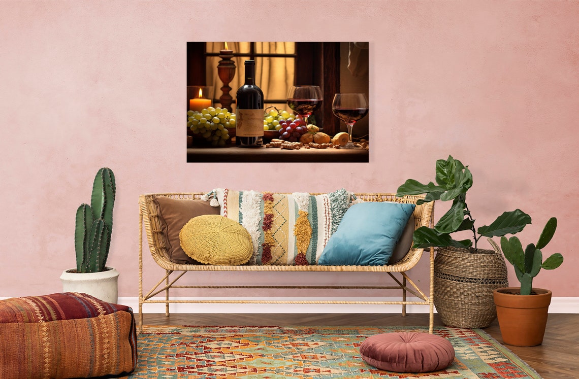 Red Wine Bottle Glasses Grapes Candlelit Window Cozy Still Life Print - Image 4