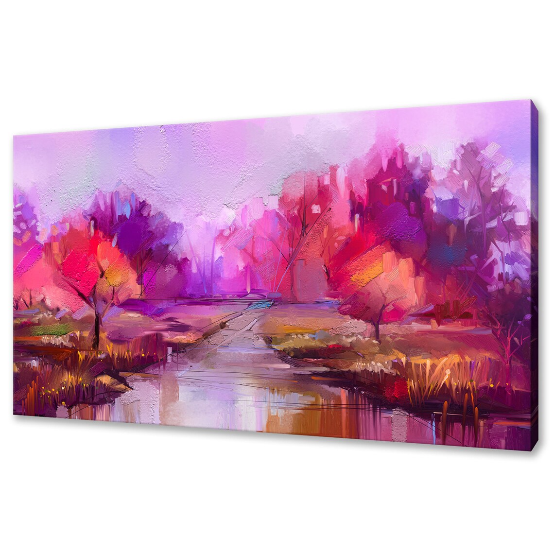 Pink Purple Autumn Trees Riverside Oil Painting Abstract Print