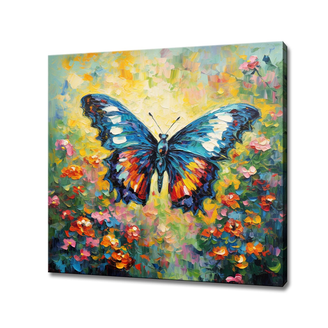 Blue Butterfly In Blooming Flower Garden Vibrant Impasto Art Poster