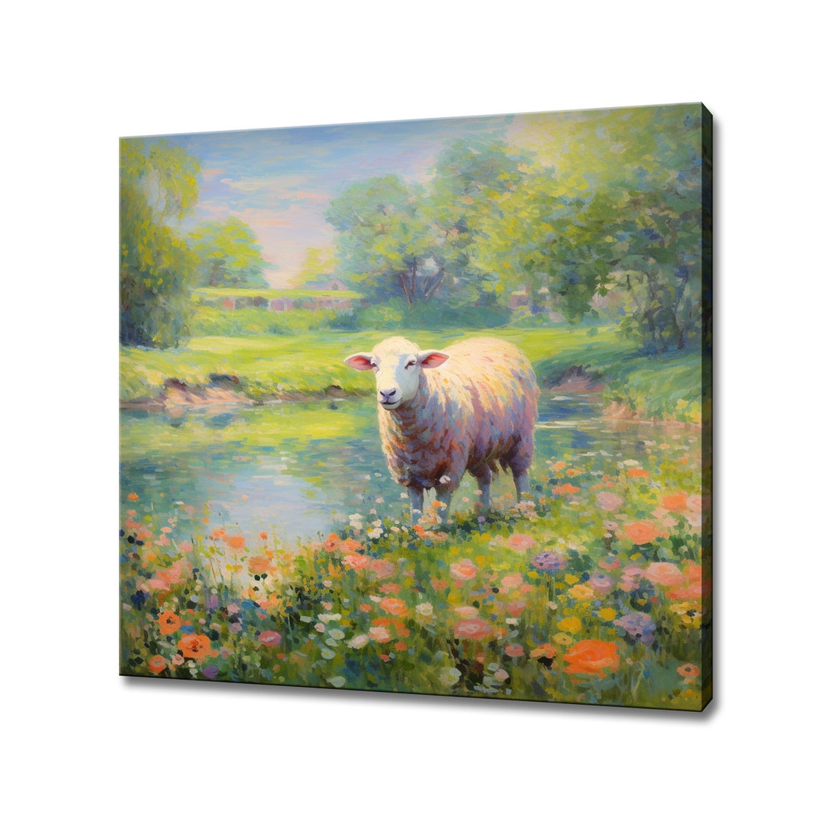 Sheep In Wildflower Meadow By The River Pastoral Animal Poster - Image 4