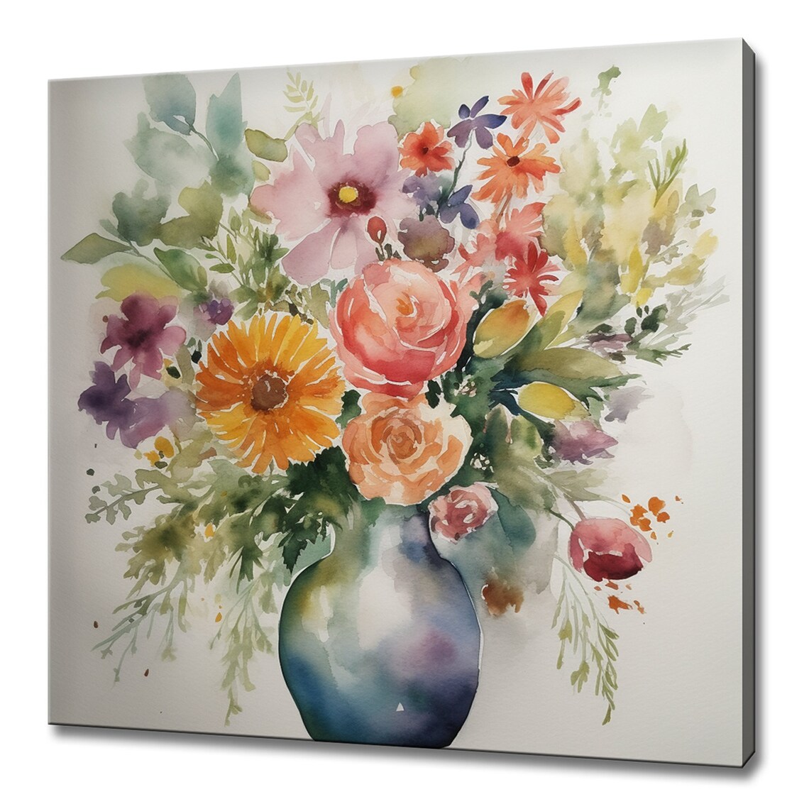 Colorful Watercolor Flower Bouquet In Blue Vase Floral Wall Art Print
