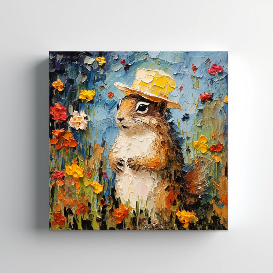 Chipmunk In Straw Hat Wildflower Garden Colorful Animal Portrait Poster - Image 3