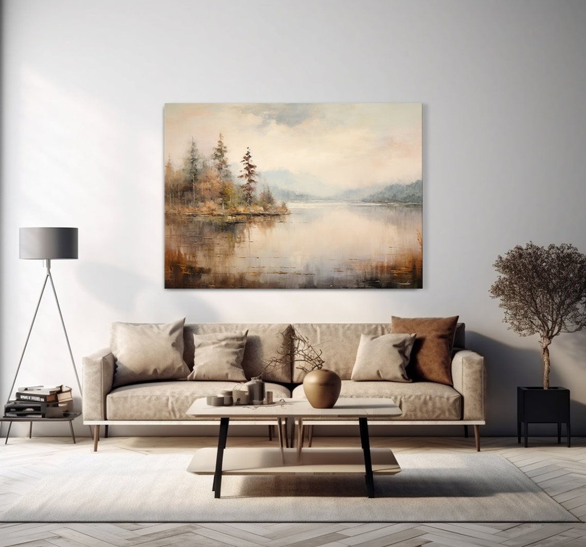 Vintage Country Landscape Lake Soft Pastels Moody Painting Style Print Farmhouse Decor Art Neutral Nature Picture Wall Hanging - Image 4