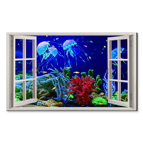 Ocean Waters Jellyfish Medusa Window View Window Frame Style Modern Design Home Decor Print Wall Art Picture Ready To Hang