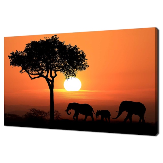 African Elephants Sunset Silhouette Acacia Tree Orange Sun Animals Poster
