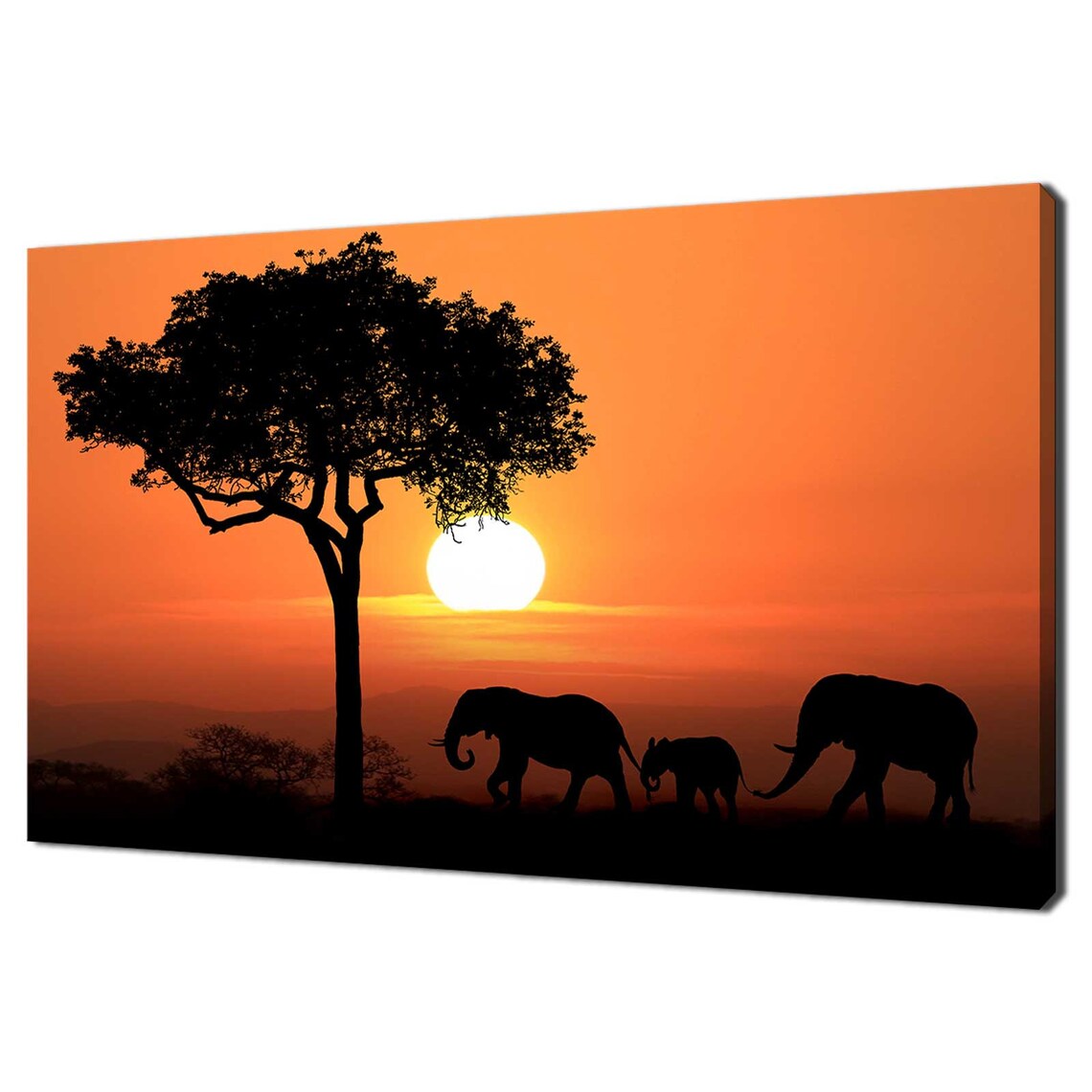 African Elephants Sunset Silhouette Acacia Tree Orange Sun Animals Poster