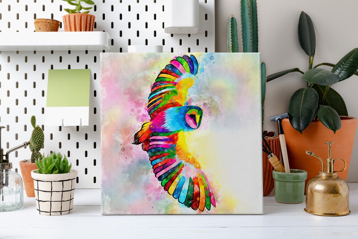 Rainbow Watercolor Flying Owl Barn Owl Flight Colorful Bird Wall Art - Image 2