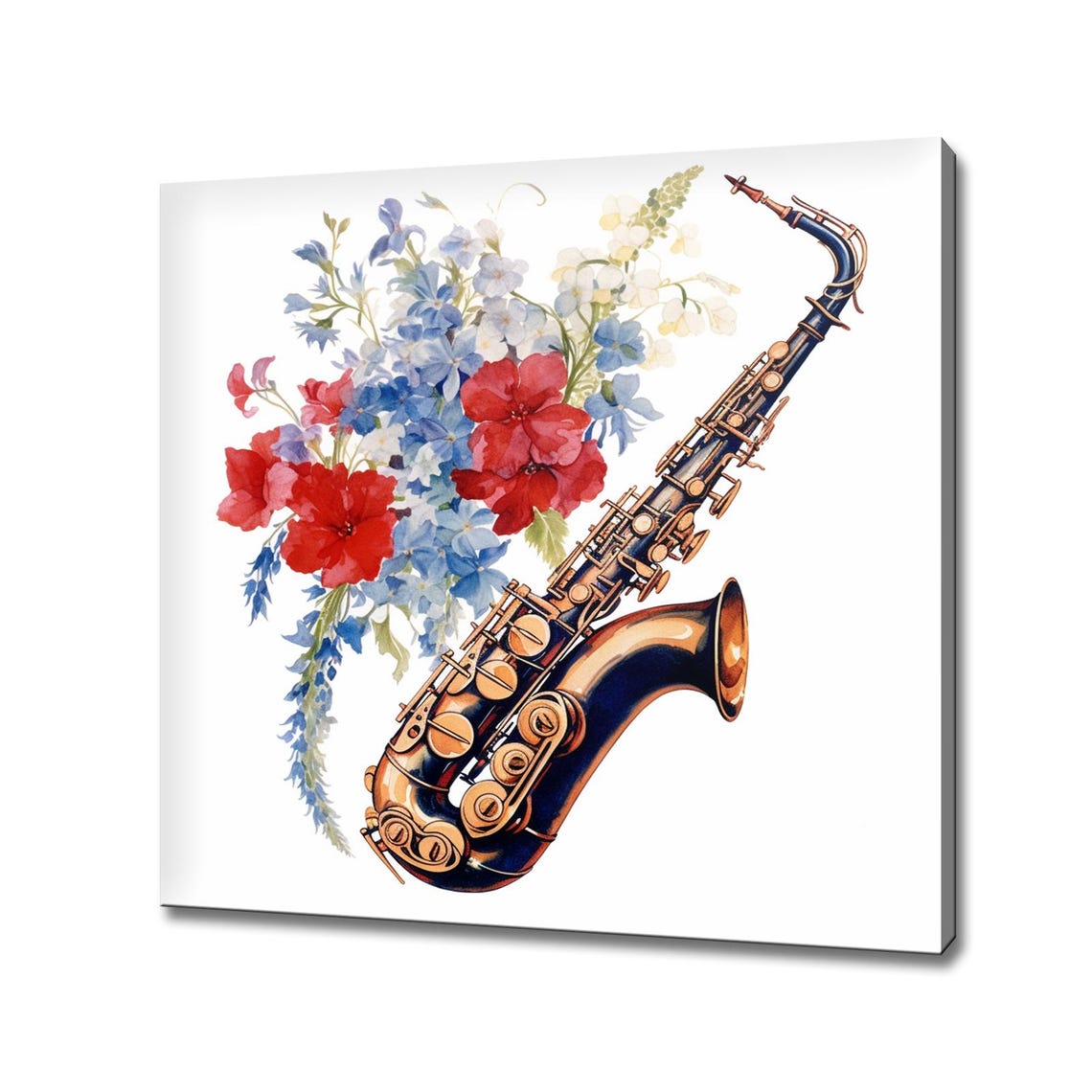 Saxophone Watercolor Blue Red Floral Jazz Music Instrument Art Poster