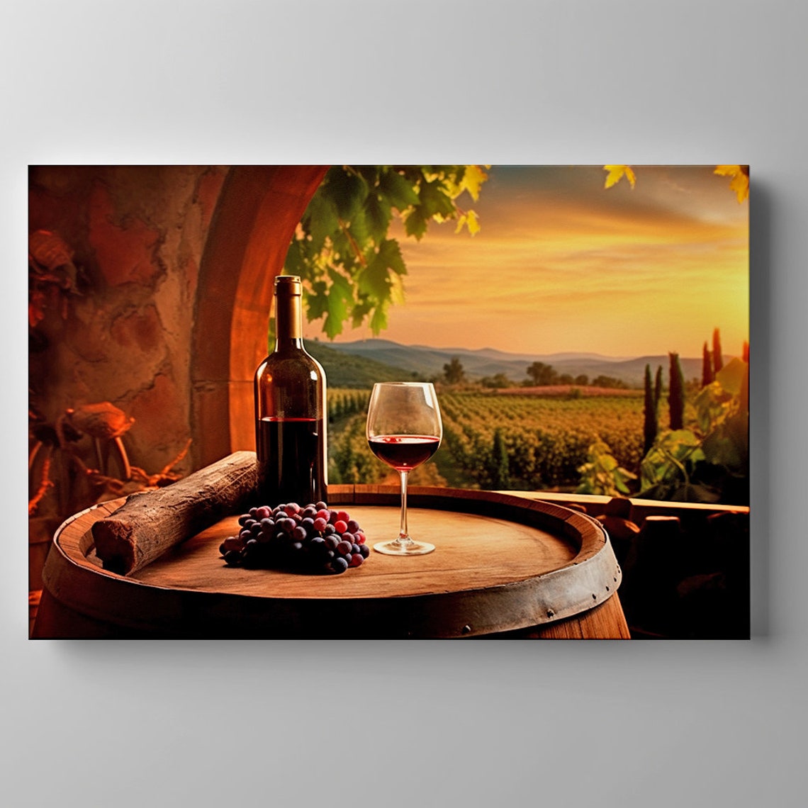 Red Wine Bottle Glass And Grapes On Barrel At Sunset Vineyard Wall Art - Image 3