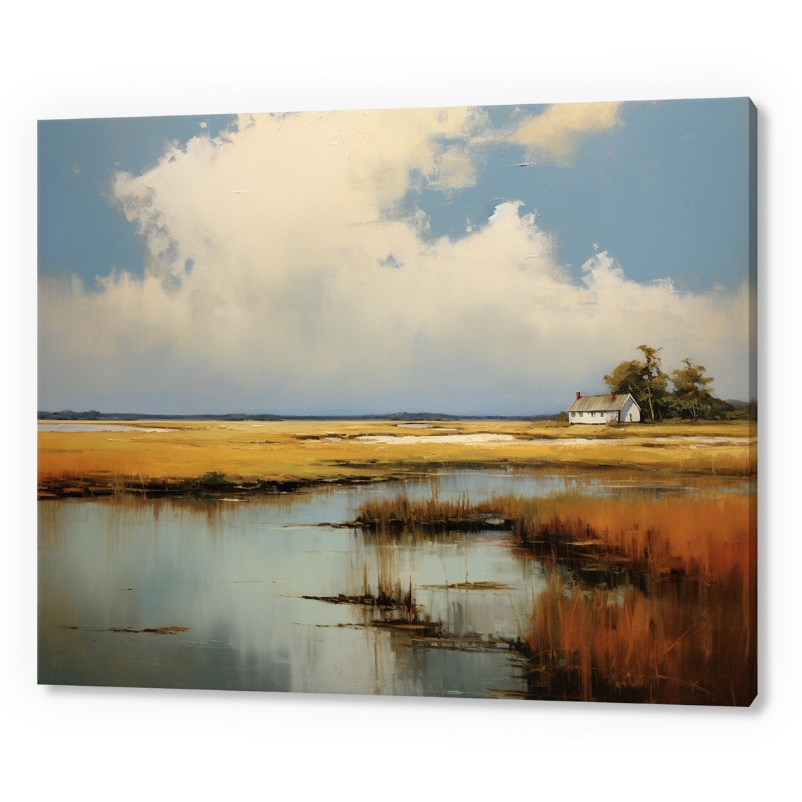 Wetland Marsh With Cottage Under Big Blue Sky Rustic Nature Poster