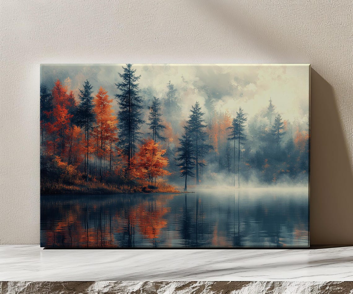 Autumn Pines Misty Mountain Lake Foggy Orange Reflection Fall Poster - Image 3