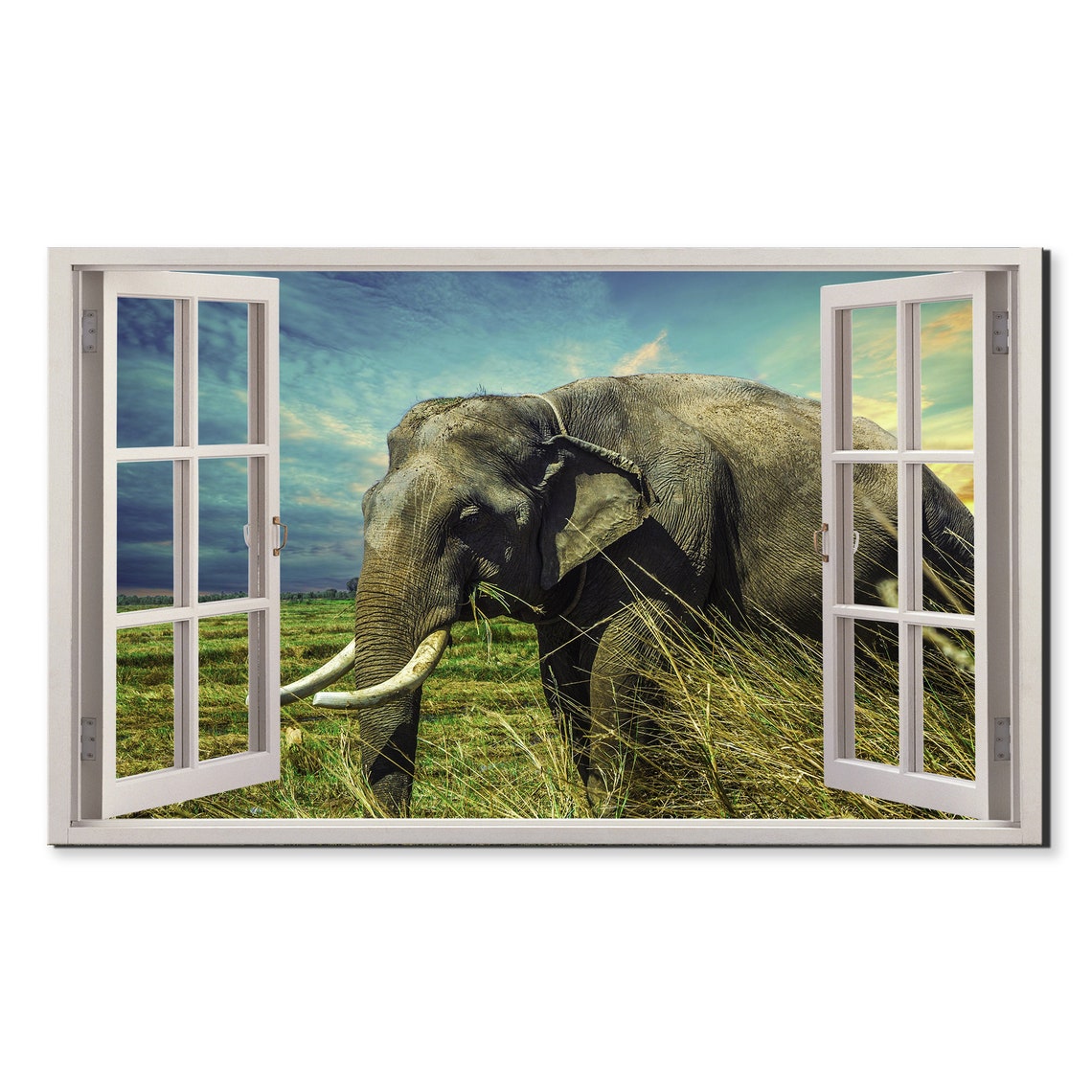 Asian Elephant Grassland Sunset Faux Window View Wall Art Print