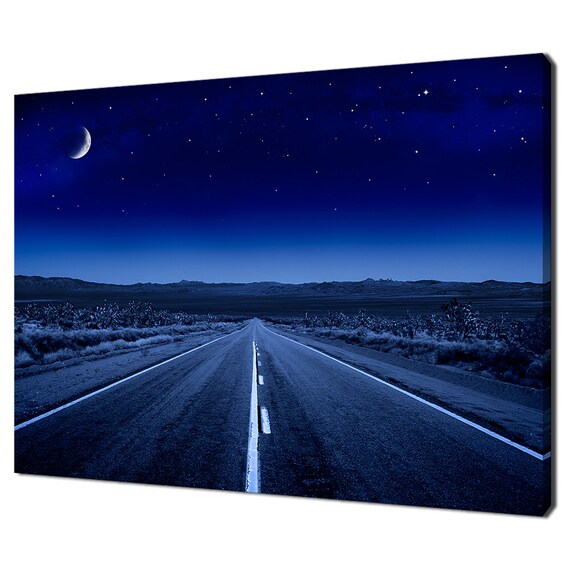 Desert Highway Night Sky Starry Moon Blue Road Horizon Landscape Poster