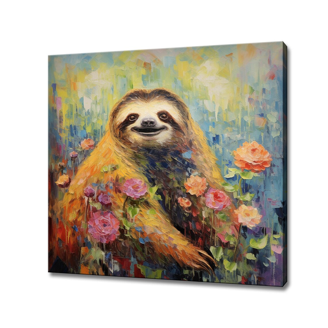 Cute Sloth With Flowers Colourful Portrait Painting Kids Room Wall Art Print Poster