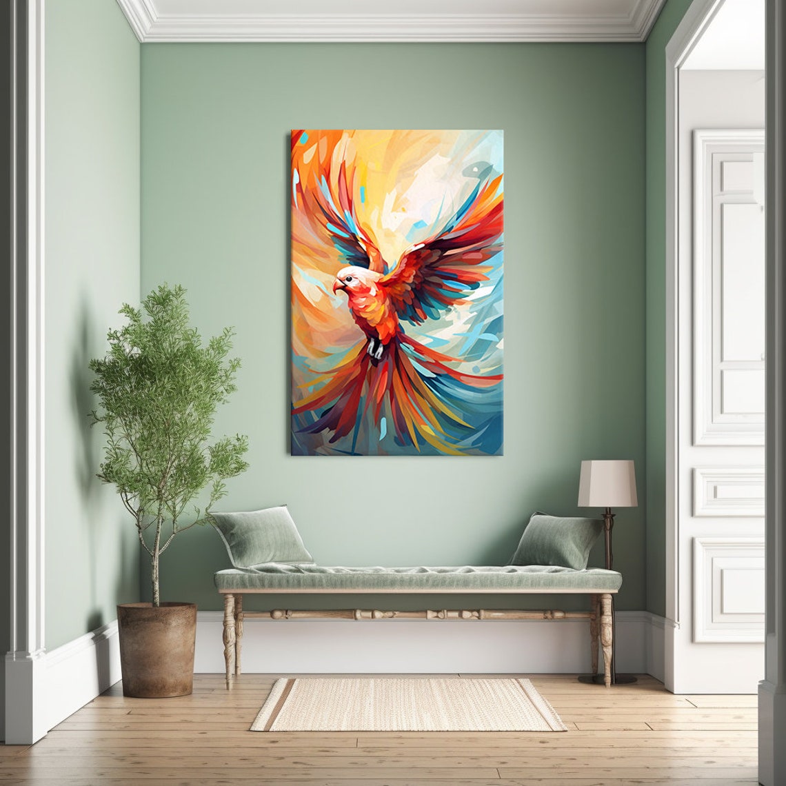 Fiery Parrot In Flight Swirling Orange Teal Abstract Bird Art Print - Image 3