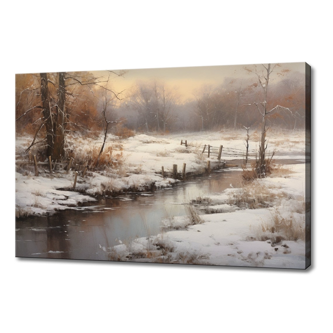 Snowy Winter Stream Forest Fence Vintage Landscape Painting Poster