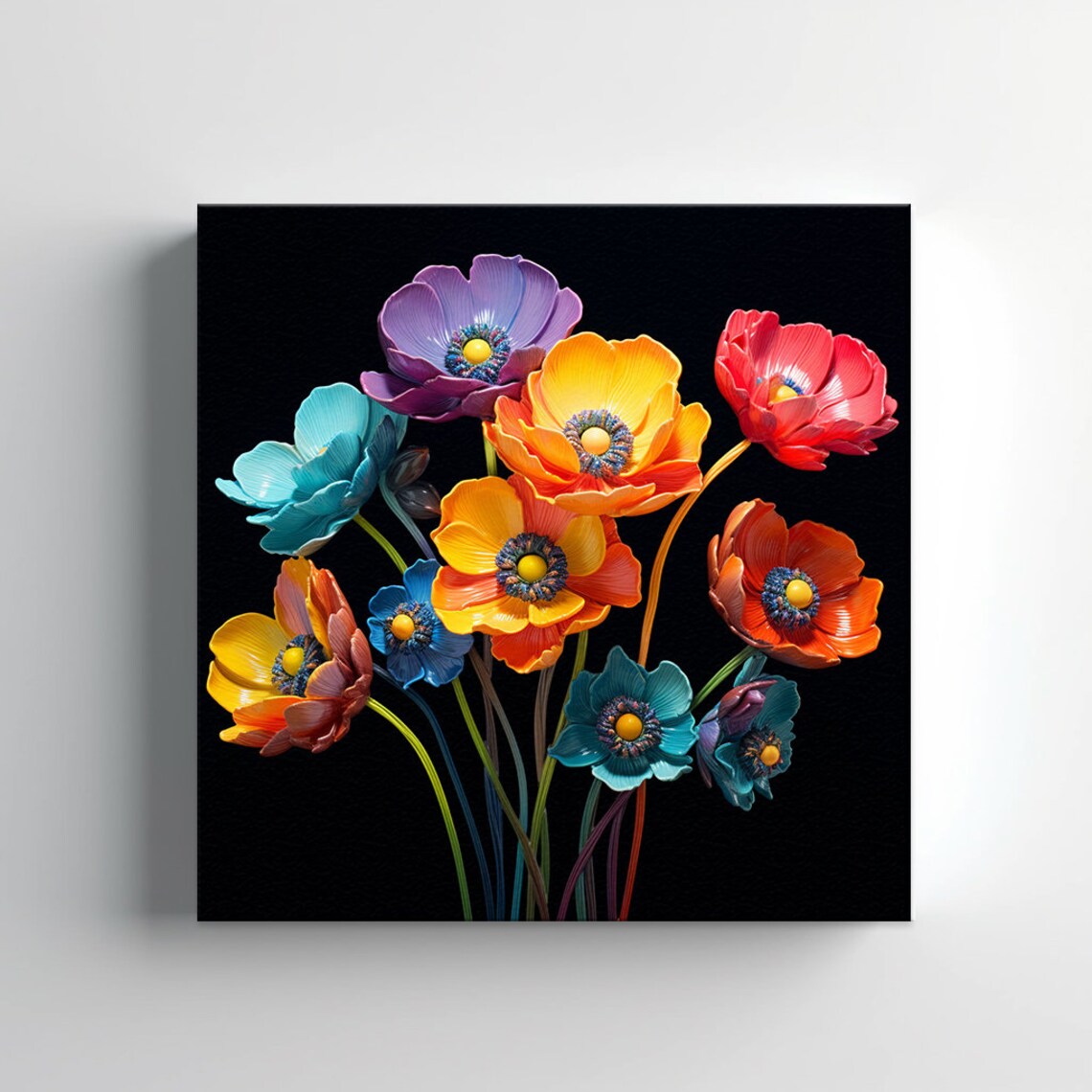 Vibrant Anemone Flowers Black Background Glass Art Style Floral Poster - Image 2