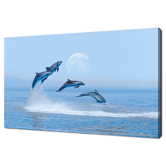 Dolphins Leaping From Ocean Under Moonlight Marine Life Poster