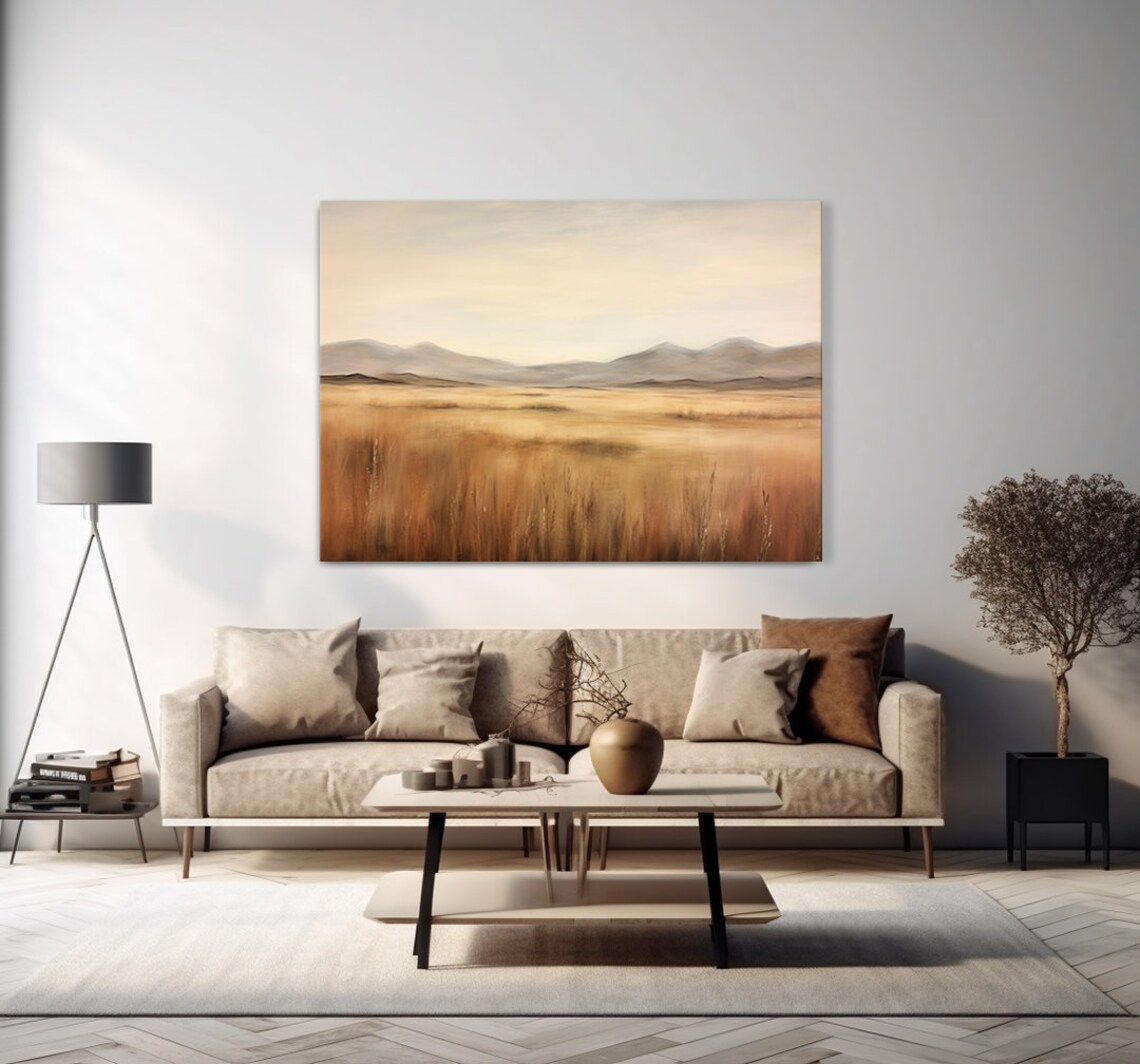 Vintage Country Landscape Autumn Grass Field Mountains Muted Moody Painting Style Print Farmhouse Decor Art Neutral Nature Picture - Image 4