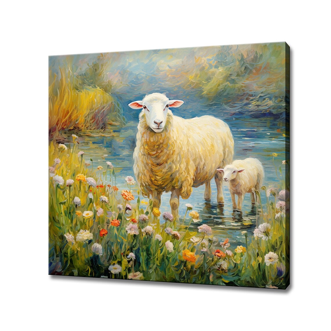 Mother Sheep And Lamb Wading River Colorful Farm Animal Poster