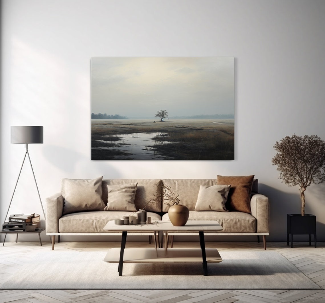 Lone Tree In Misty Floodplain Mirror Reflections Minimalist Poster - Image 4