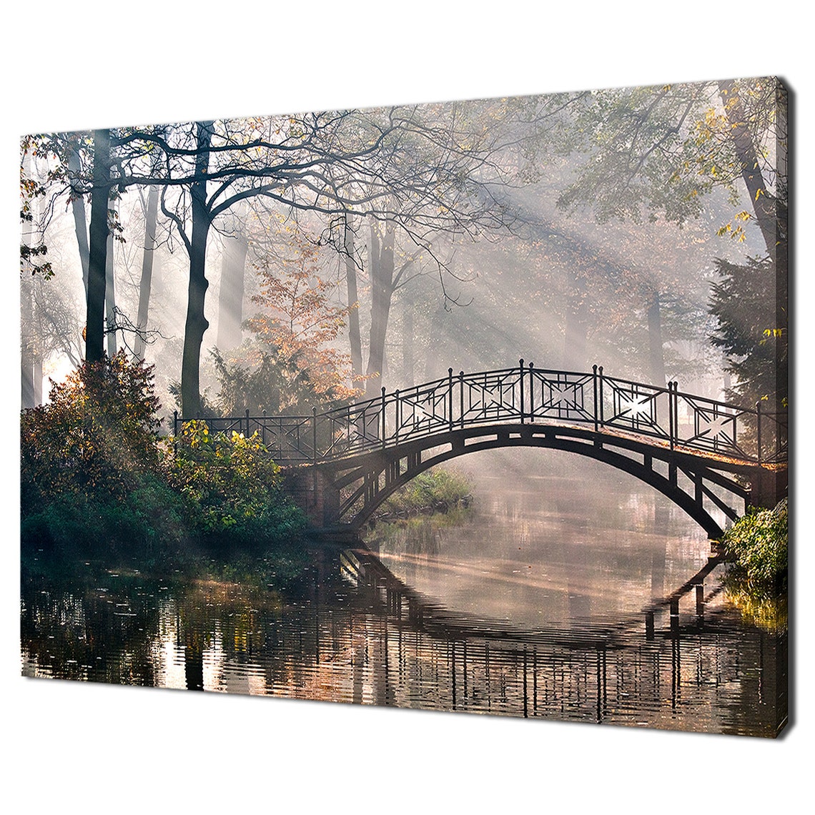 Autumn Park Bridge Misty River Sunrays Peaceful Nature Scene Poster
